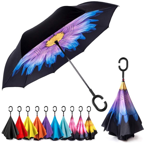 Paraguas invertido Paraguas impermeable Impermeable, Paraguas para mujeres con protección UV, Paraguas al revés con mango C P12