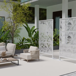 White Metal Privacy Screen, Laser Cut Decorative Steel Privacy Panel, Metal Fencing, Galvanized steel powder coated panels. Combo set48"x75"