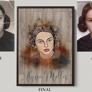 May include: A digital painting of a woman with short brown hair. The painting is on a wood background with a watercolour effect. The woman's name, Alyssa Miller, is written in cursive at the bottom of the painting.