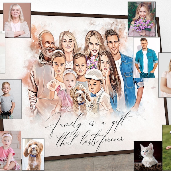 Custom Portrait Personalized Watercolor Family Portrait Unique Gift Best Gift Painting Gift Merge Photo Portrait Loss of Loved Ones Deceased