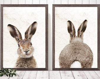 Conjunto de 2 estampados de conejitos, decoración de vivero, estampados de animales para arte de pared de vivero, conejito con estampado de vivero de bosques, estampado de conejo, cola de trasero de conejo