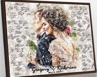 May include: A watercolor painting of a couple on their wedding day. The bride is wearing a white dress and the groom is wearing a suit. The painting is surrounded by a white background with black handwriting. The text at the bottom reads "Gregory & Katherina May 12, 2020".