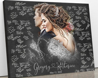 May include: Black and white wedding guest book canvas with a painted portrait of a bride and groom. The canvas has a white chalk-like design and the text "Gregory ♥ Katherine May 12, 2020".