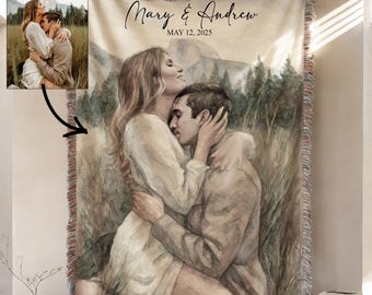 Personalized Photo Custom Tapestry Woven Cotton Throw Blanket, Wedding Anniversary Blanket, Personalized Couples Gift