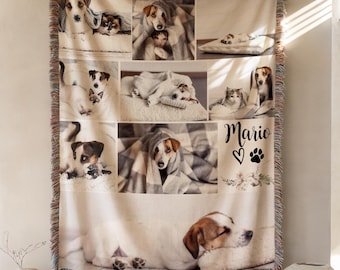 Memorial Gift For Dog Cat Lover, Pet Sympathy Gift Keepsake, Custom Dog Cat Photo Blanket Collage, Dog Loss Gift Paw Print Blanket With Text