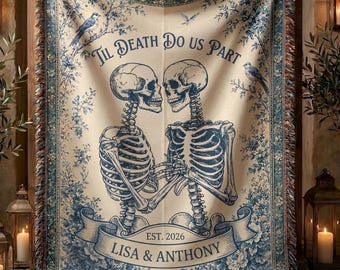 Til Death Do Us Part Skeleton Couple Blanket, Personalized Wedding Gift, Last Name Floral Throw, Housewarming Gift, Couple Anniversary Gift