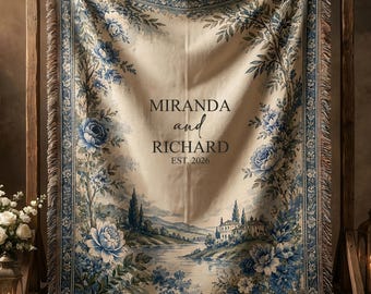 Blue Toile Monogram Woven Blanket, Personalized Wedding Gift for Couple Last Name Floral Throw, Housewarming Gift, Anniversary Gift