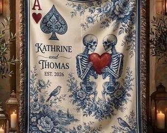 Til Death Do Us Part Skeleton Couple Blanket, Personalized Wedding Gift, Last Name Floral Throw, Housewarming Gift, Couple Anniversary Gift