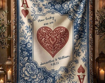 Toile Monogram Woven Blanket, Playing Cards Personalized Wedding Gift for Couple Last Name Floral Throw, Housewarming Gift, Anniversary Gift