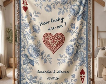 Blue Toile Monogram Woven Blanket, Last Name Floral Throw, Housewarming Gift for Newly Married Couple or Family Keepsake, Anniversary Gift