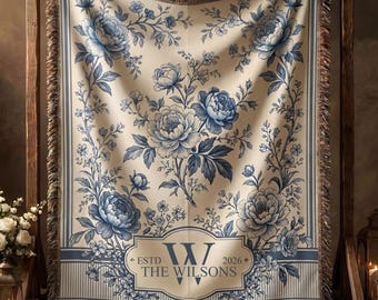 Blue Toile Monogram Woven Blanket, Personalized Wedding Gift for Couple  Last Name Floral Throw, Housewarming Gift  Anniversary Gift