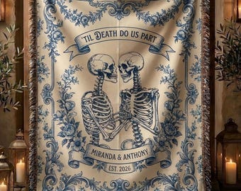 Til Death Do Us Part Skeleton Couple Blanket, Personalized Wedding Gift, Last Name Floral Throw, Housewarming Gift, Couple Anniversary Gift