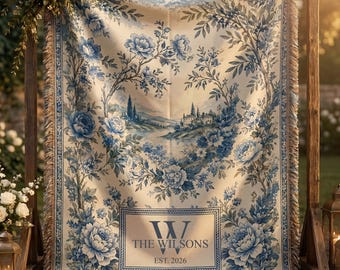 Blue Toile Monogram Woven Blanket, Last Name Floral Throw, Housewarming Gift for Newly Married Couple or Family Keepsake, Anniversary Gift