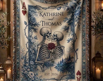 Til Death Do Us Part Skeleton Playin Cards Couple Blanket, Wedding Gift Throw, Housewarming Gift for Couple, Engagement Anniversary Gift