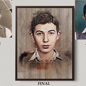May include: A before and after image of a young man's portrait. The before image is a faded black and white photo with tears and creases. The after image is a colourised and digitally enhanced portrait of the man on a wood background.