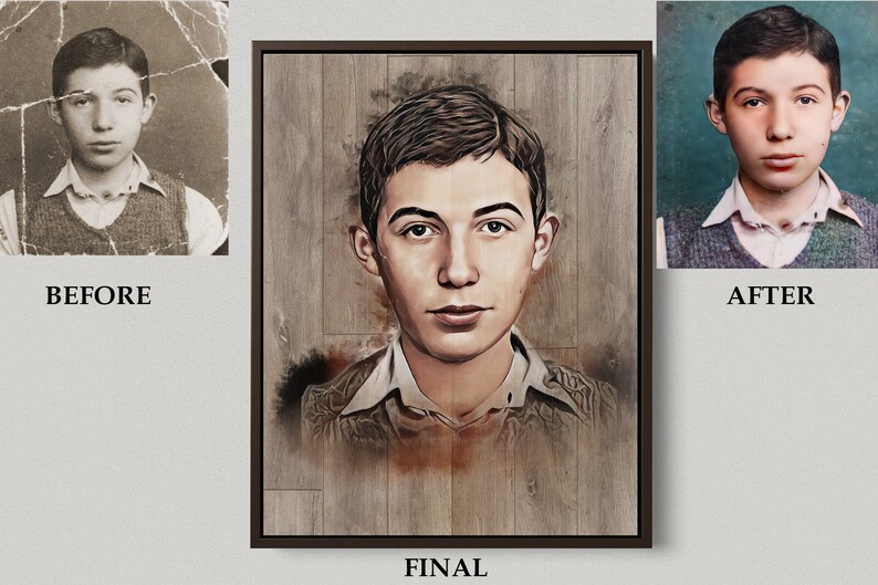 May include: A before and after image of a young man's portrait. The before image is a faded black and white photo with tears and creases. The after image is a colourised and digitally enhanced portrait of the man on a wood background.