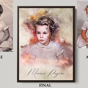 May include: A restored colour photo of a young girl in a white dress with a watercolour background and the name Monica Rivera written in cursive.