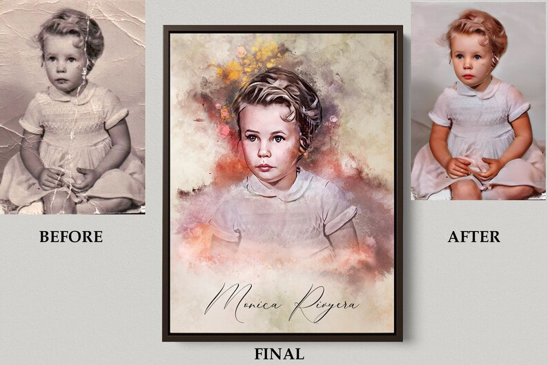 May include: A restored colour photo of a young girl in a white dress with a watercolour background and the name Monica Rivera written in cursive.