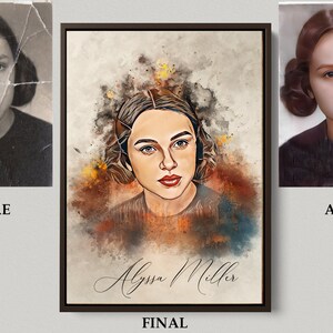May include: A watercolour portrait of a woman with brown hair and brown eyes. The portrait is set against a background of colourful watercolour washes. The woman's name, "Alyssa Miller", is written in cursive at the bottom of the portrait.