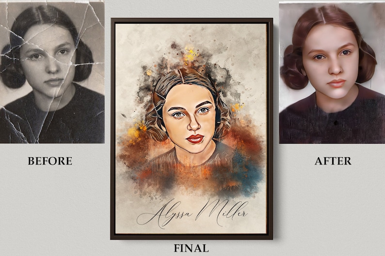 May include: A watercolour portrait of a woman with brown hair and brown eyes. The portrait is set against a background of colourful watercolour washes. The woman's name, "Alyssa Miller", is written in cursive at the bottom of the portrait.