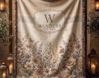 Toile Monogram Woven Blanket, Personalized Wedding Gift Last Name Floral Throw, Housewarming Gift for Couple, Engagement, Anniversary Gift
