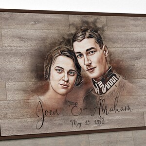 May include: A vintage-style wedding portrait of a couple, with the woman in a simple dress and the man in a military uniform. The background is a woodgrain pattern with the text "Joen & Abraham May 13, 1941".