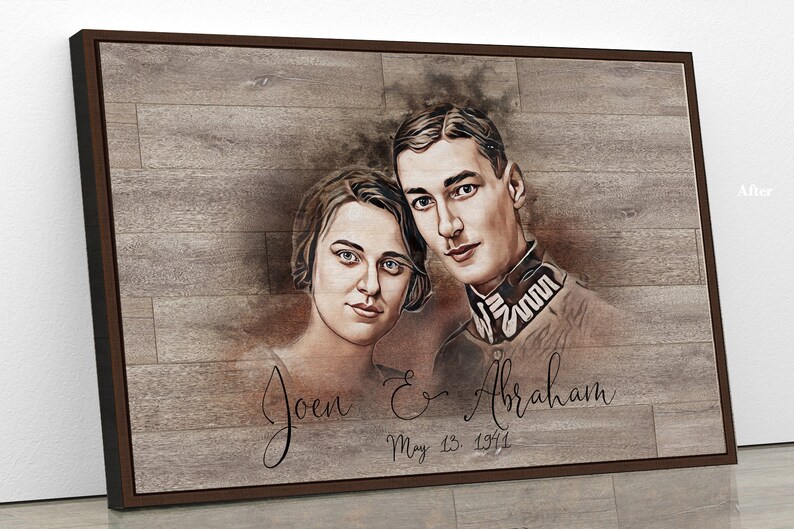 May include: A vintage-style wedding portrait of a couple, with the woman in a simple dress and the man in a military uniform. The background is a woodgrain pattern with the text "Joen & Abraham May 13, 1941".