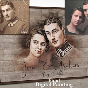 May include: A digital painting of a couple in vintage clothing. The woman is wearing a white dress and the man is wearing a military uniform. The painting is on a wooden background with the text "Joen & Abraham May 13, 1941" written below the couple.
