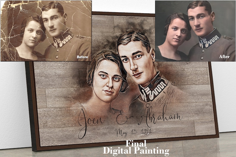 May include: A digital painting of a couple in vintage clothing. The woman is wearing a white dress and the man is wearing a military uniform. The painting is on a wooden background with the text "Joen & Abraham May 13, 1941" written below the couple.