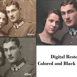 May include: A black and white photograph of a couple, a man in military uniform and a woman, before and after restoration. The image shows the couple in a close-up portrait. The photograph has been digitally restored and colourised.