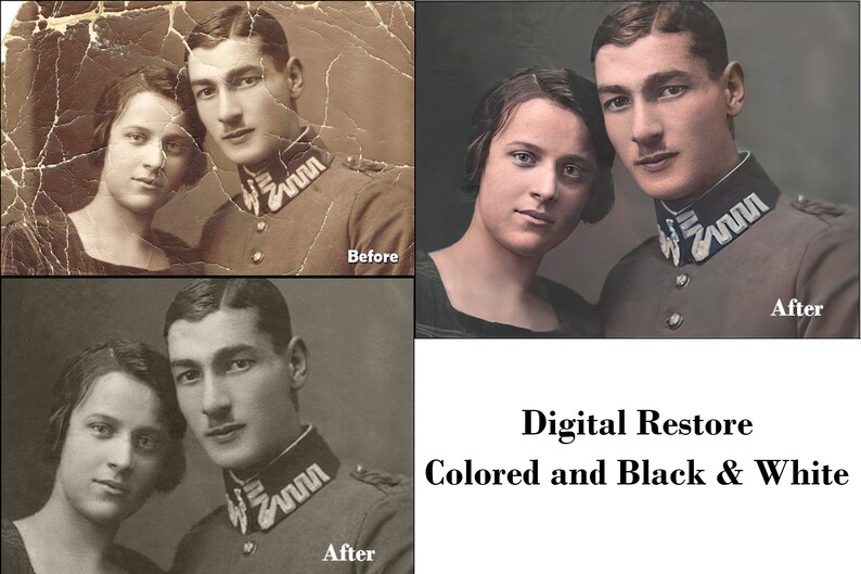 May include: A black and white photograph of a couple, a man in military uniform and a woman, before and after restoration. The image shows the couple in a close-up portrait. The photograph has been digitally restored and colourised.