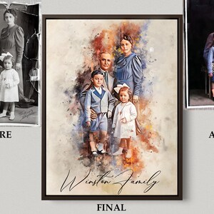 May include: A watercolour painting of a family portrait. The family are dressed in vintage clothing and are standing in front of a colourful background. The painting is titled "Winston Family".