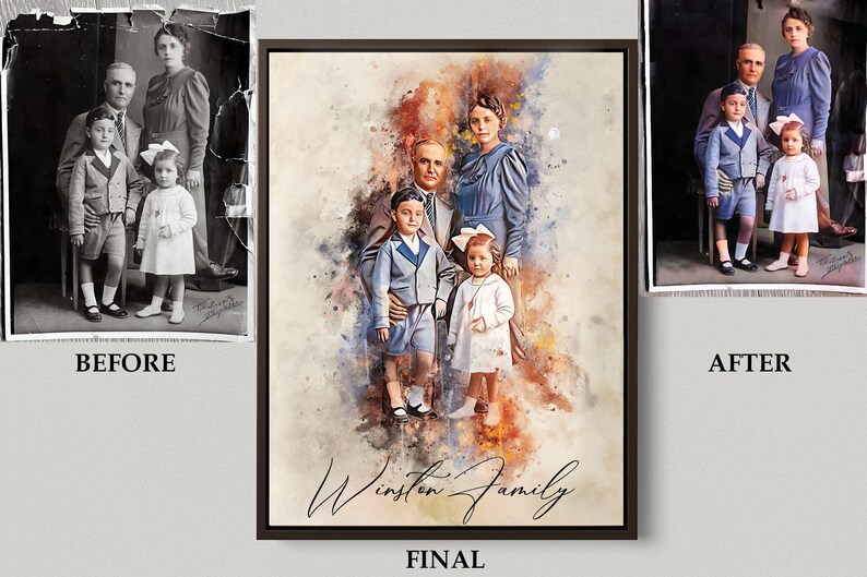 May include: A watercolour painting of a family portrait. The family are dressed in vintage clothing and are standing in front of a colourful background. The painting is titled "Winston Family".
