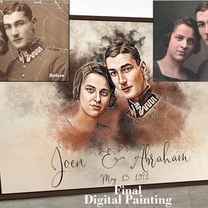 May include: A digital painting of a couple in vintage clothing. The woman is wearing a dark dress and the man is wearing a military uniform. The painting is on a canvas with a brown frame. The text "Joen & Abraham May 13, 1941" is written below the couple. The text "Final Digital Painting" is written below the couple's names.