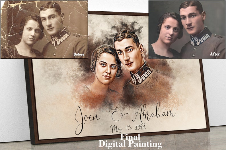 May include: A digital painting of a couple in vintage clothing. The woman is wearing a dark dress and the man is wearing a military uniform. The painting is on a canvas with a brown frame. The text "Joen & Abraham May 13, 1941" is written below the couple. The text "Final Digital Painting" is written below the couple's names.