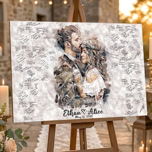 Wedding Guest Book Alternative Sign Bride and Groom Photo Wedding Decor Wedding Decorations Custom Wood Framed Illustration Guestbook Ideas