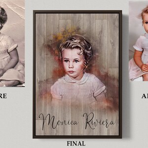 May include: A restored colour photo of a young girl in a white dress. The photo is on a wood background with the name "Monica Riviera" written in cursive below the image.