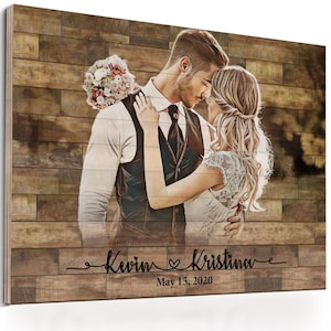 May include: A rustic wooden background with a painted image of a couple embracing. The bride is wearing a white dress and the groom is wearing a black suit. The text "Kevin ♥ Kristina" and "May 15, 2020" is written below the image.