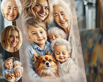 Puede incluir: Una pintura de una familia con un perro. La familia incluye una abuela, una madre, tres niños y un perro pequeño. La pintura está hecha en estilo acuarela y tiene un ambiente suave y de ensueño. El texto "Family are forever" está escrito en la parte inferior de la pintura.