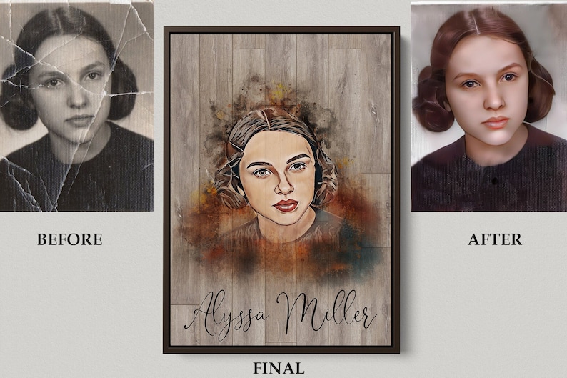 May include: A digital painting of a woman with short brown hair. The painting is on a wood background with a watercolour effect. The woman's name, Alyssa Miller, is written in cursive at the bottom of the painting.