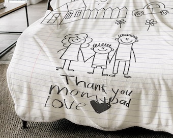 Kids Drawing On Blanket | Gift From Kids | Personalized Throw Blanket | Handwriting Quilt | Gift for Mom Sentimental Christmas Gift for Mom