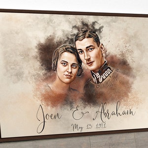 May include: A watercolour painting of a couple, a woman with brown hair and a man with brown hair, in a vintage style. The painting has a light brown background with a watercolour effect. The couple are looking at the camera and smiling. The text "Joen & Abraham May 13, 1971" is written below the couple.
