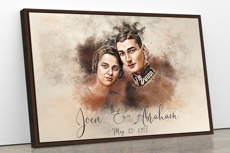 May include: A watercolour painting of a couple, a woman with brown hair and a man with brown hair, in a vintage style. The painting has a light brown background with a watercolour effect. The couple are looking at the camera and smiling. The text "Joen & Abraham May 13, 1971" is written below the couple.