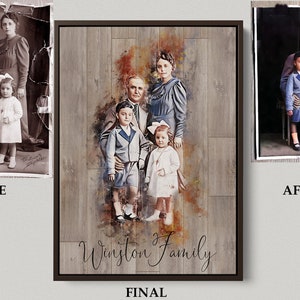 May include: A restored family portrait featuring five people, including two children, in a watercolour style. The portrait is set against a woodgrain background with the text "Winston Family" at the bottom.