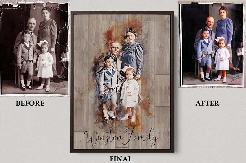 May include: A restored family portrait featuring five people, including two children, in a watercolour style. The portrait is set against a woodgrain background with the text "Winston Family" at the bottom.