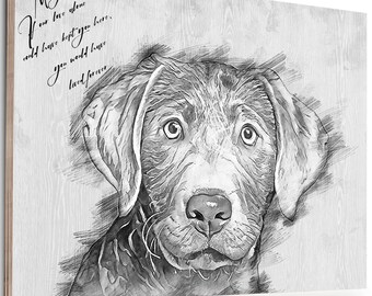 May include: A black and white pencil sketch of a dog's head. The dog has large, dark eyes and a sweet expression. The text "Minty - If our love alone could have kept you here, you would have lived forever" is written in cursive at the top of the image.