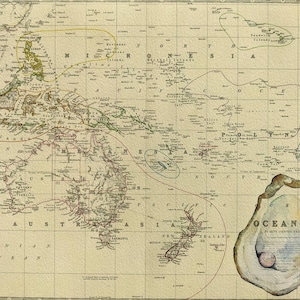 Impresión del mapa de ostras de Oceanía del año 1800