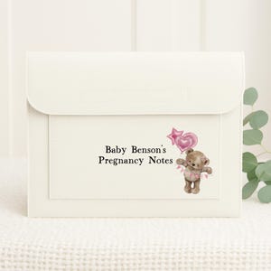 May include: White leather folder with a pink and white illustration of a teddy bear holding pink balloons and a banner that says "Baby Benson's Pregnancy Notes".