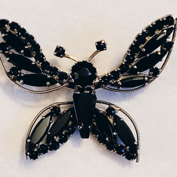 Vintage Signed Weiss Jet Black Rhinestone Trembler Butterfly Brooch