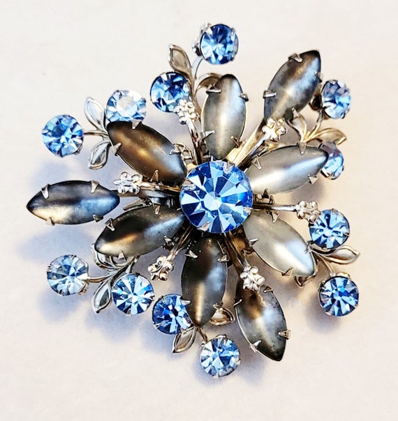 Vintage Blue and Frosted Gray Rhinestone Flower Br